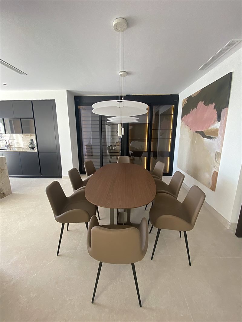 Comedor con mesa ovalada e iluminación suspendida